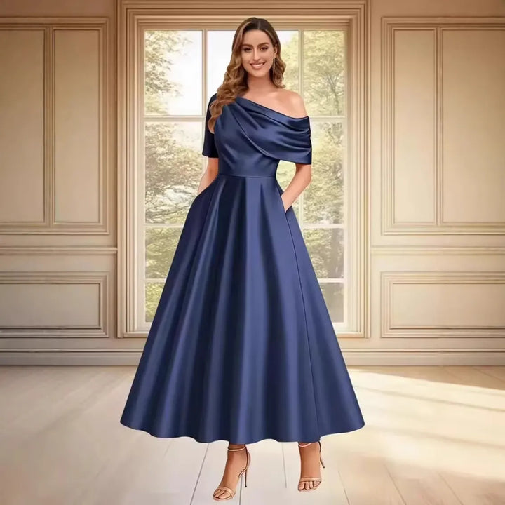 Women's Elegant A-Line Maxi Wedding Guest Dress with One Shoulder