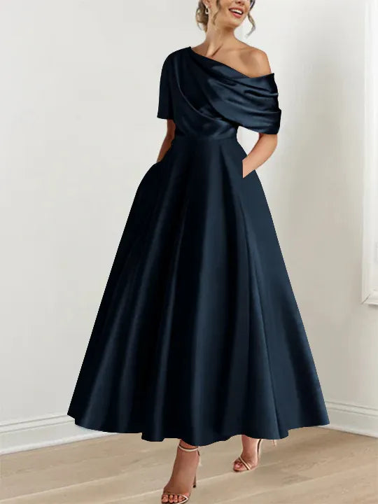 Women's Elegant A-Line Maxi Wedding Guest Dress with One Shoulder