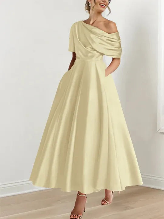Women's Elegant A-Line Maxi Wedding Guest Dress with One Shoulder