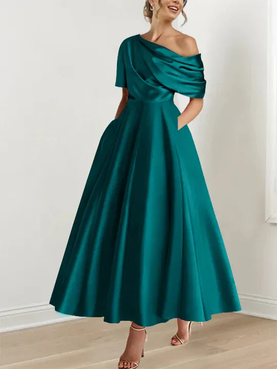 Women's Elegant A-Line Maxi Wedding Guest Dress with One Shoulder