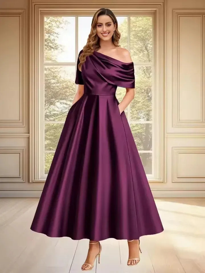 Women's Elegant A-Line Maxi Wedding Guest Dress with One Shoulder