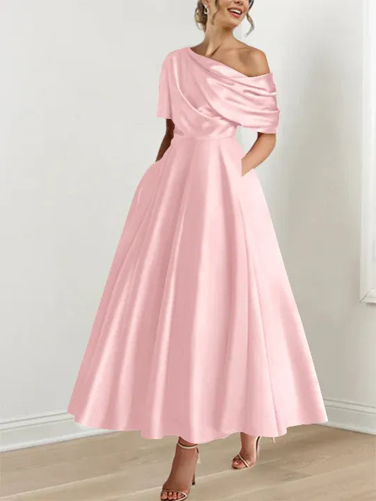 Women's Elegant A-Line Maxi Wedding Guest Dress with One Shoulder