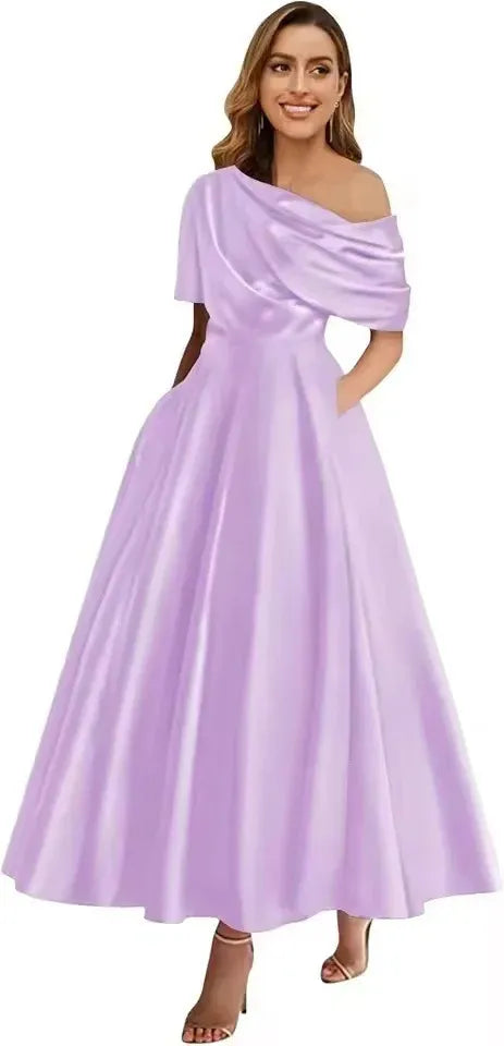 Women's Elegant A-Line Maxi Wedding Guest Dress with One Shoulder
