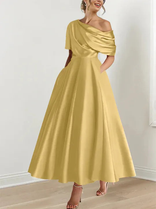 Women's Elegant A-Line Maxi Wedding Guest Dress with One Shoulder