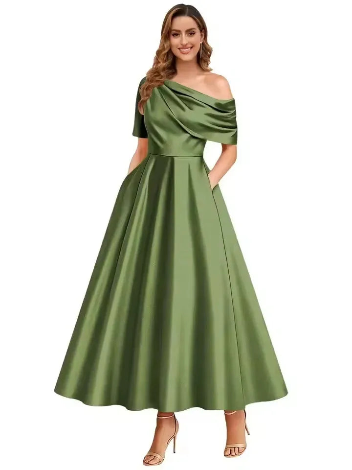 Women's Elegant A-Line Maxi Wedding Guest Dress with One Shoulder