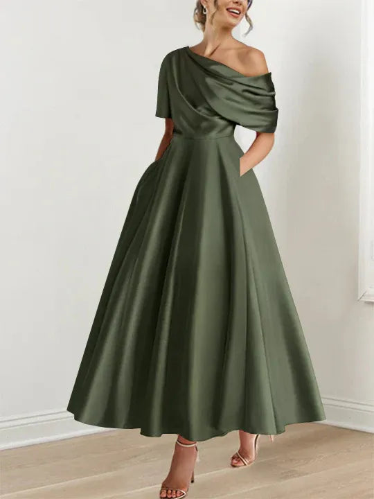 Women's Elegant A-Line Maxi Wedding Guest Dress with One Shoulder
