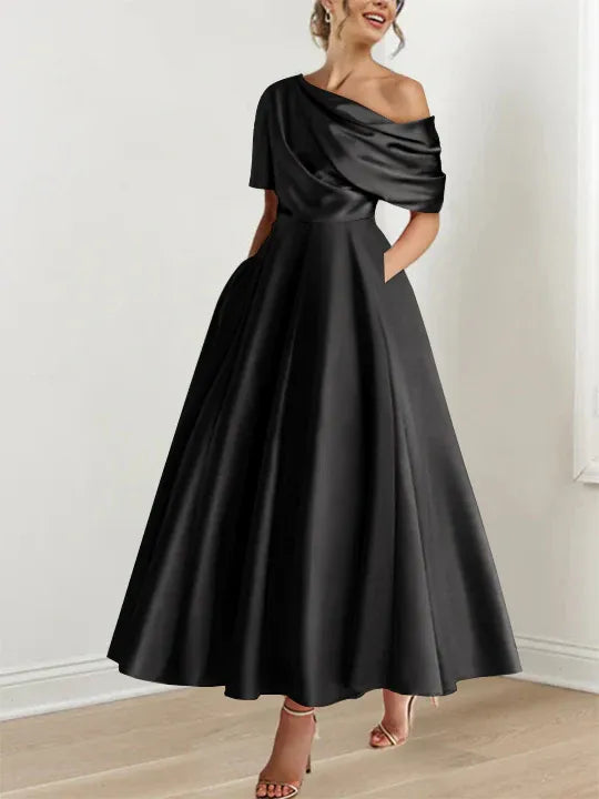 Women's Elegant A-Line Maxi Wedding Guest Dress with One Shoulder