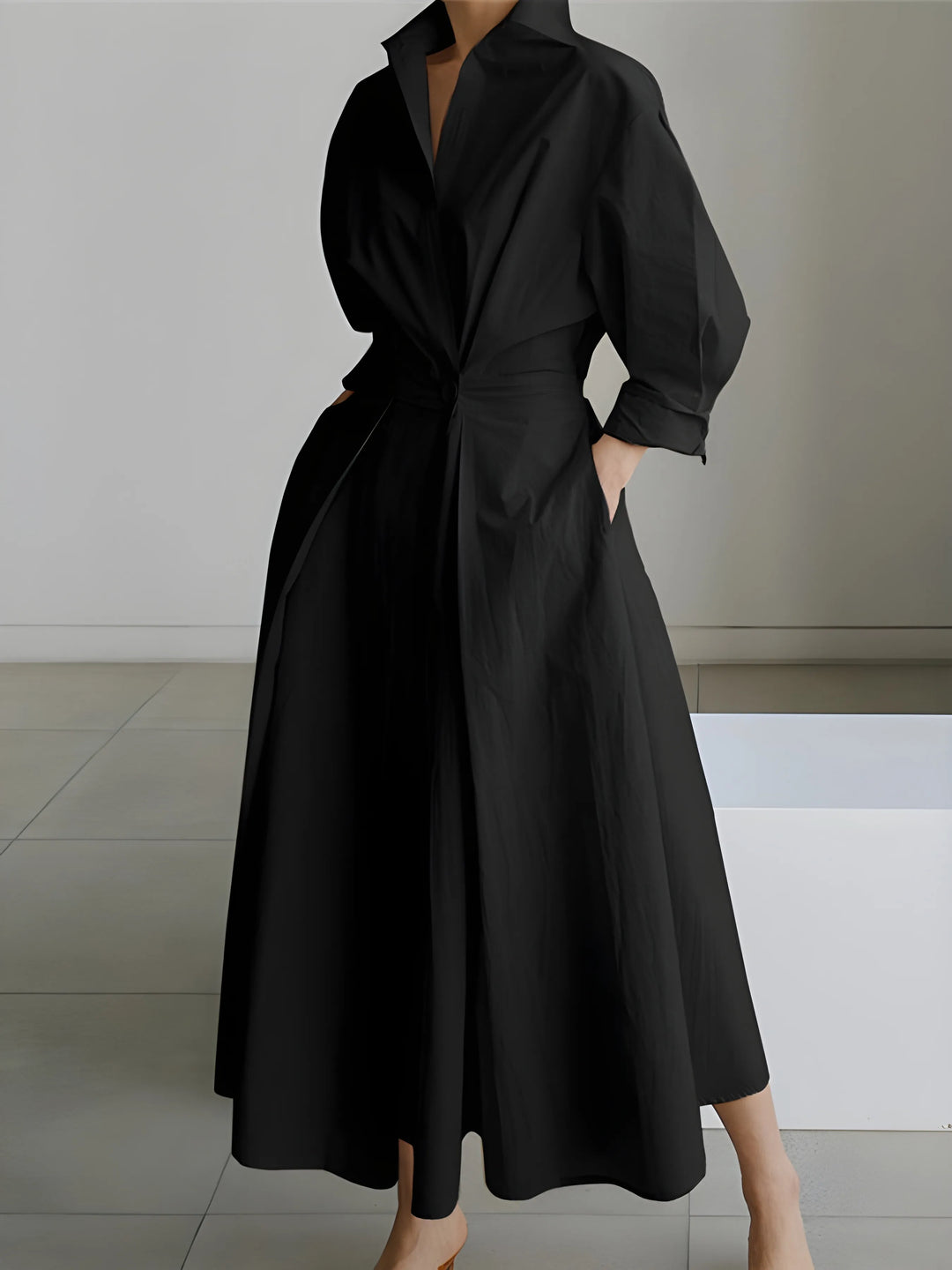 Women's Elegant A-Line Maxi Wedding Guest Dress with Lapel Collar