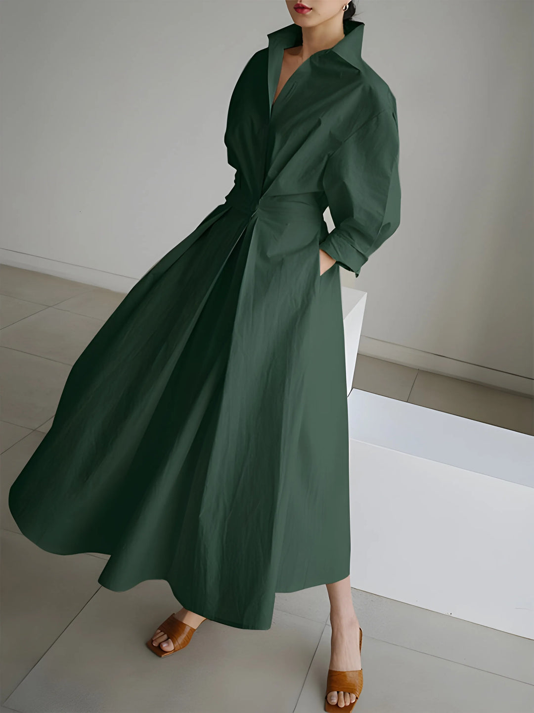 Women's Elegant A-Line Maxi Wedding Guest Dress with Lapel Collar