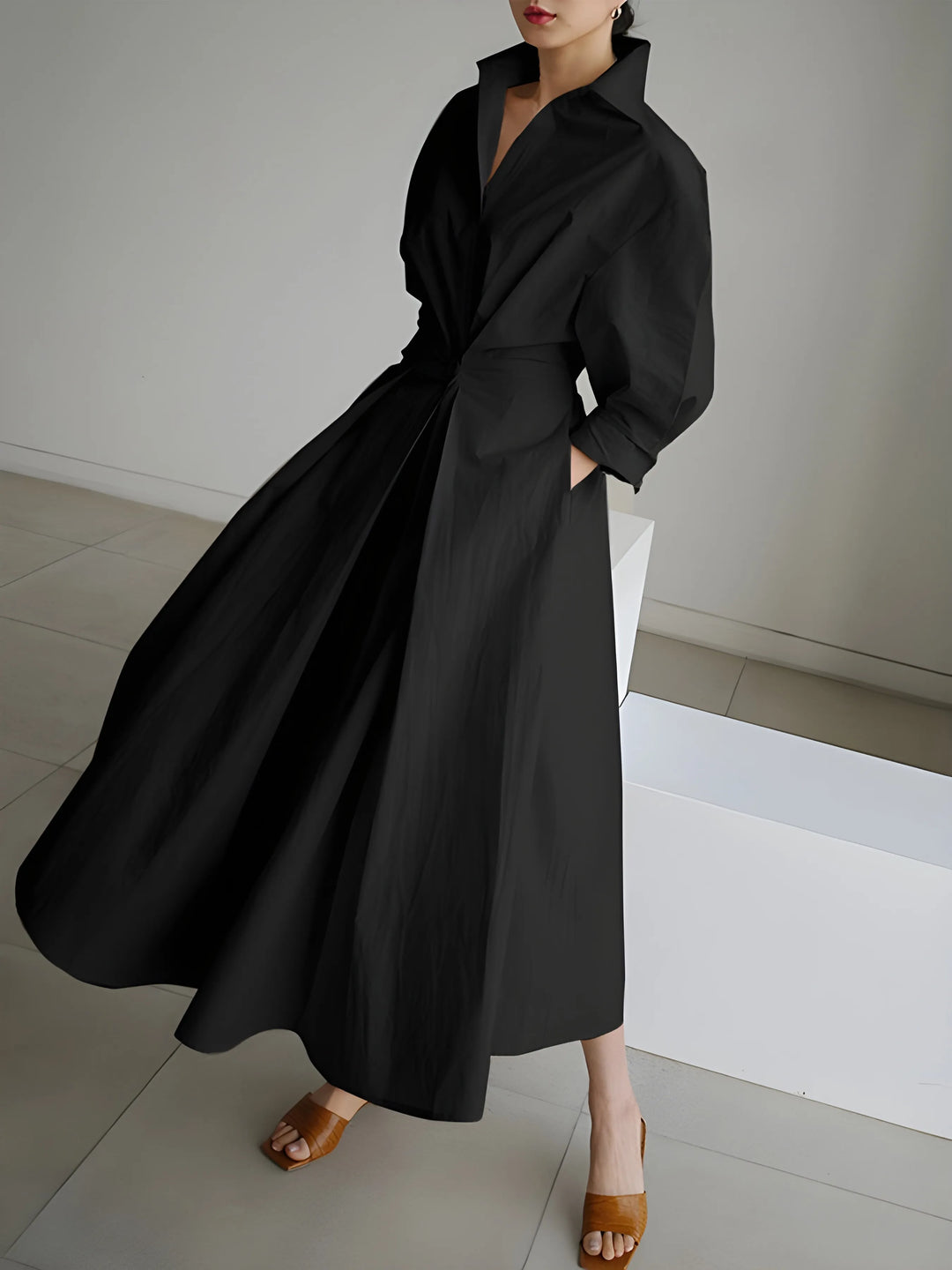 Women's Elegant A-Line Maxi Wedding Guest Dress with Lapel Collar