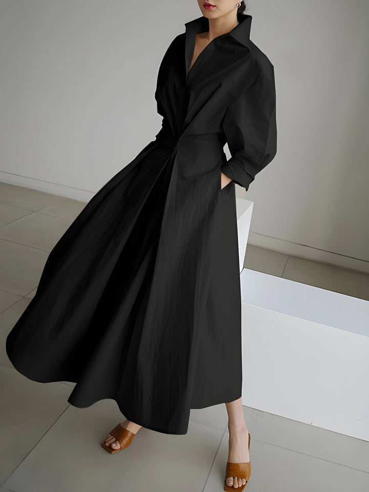 Women's Elegant A-Line Maxi Wedding Guest Dress with Lapel Collar