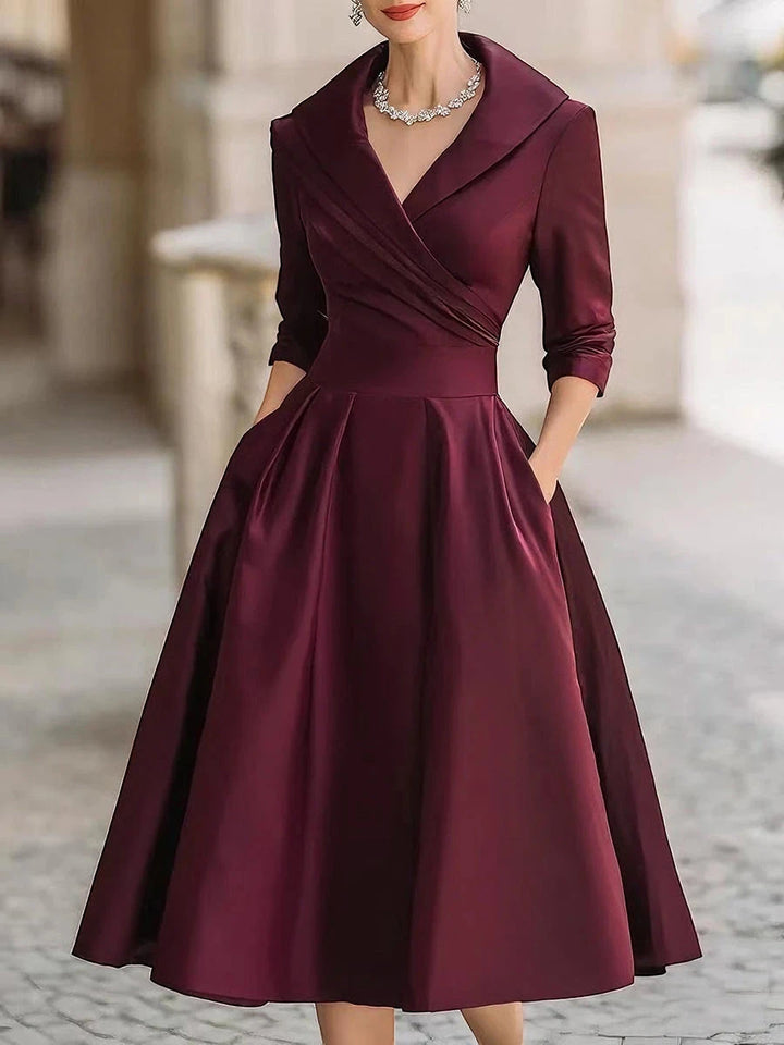 Women's Elegant A-Line Midi Wedding Guest Dress with V-Neck
