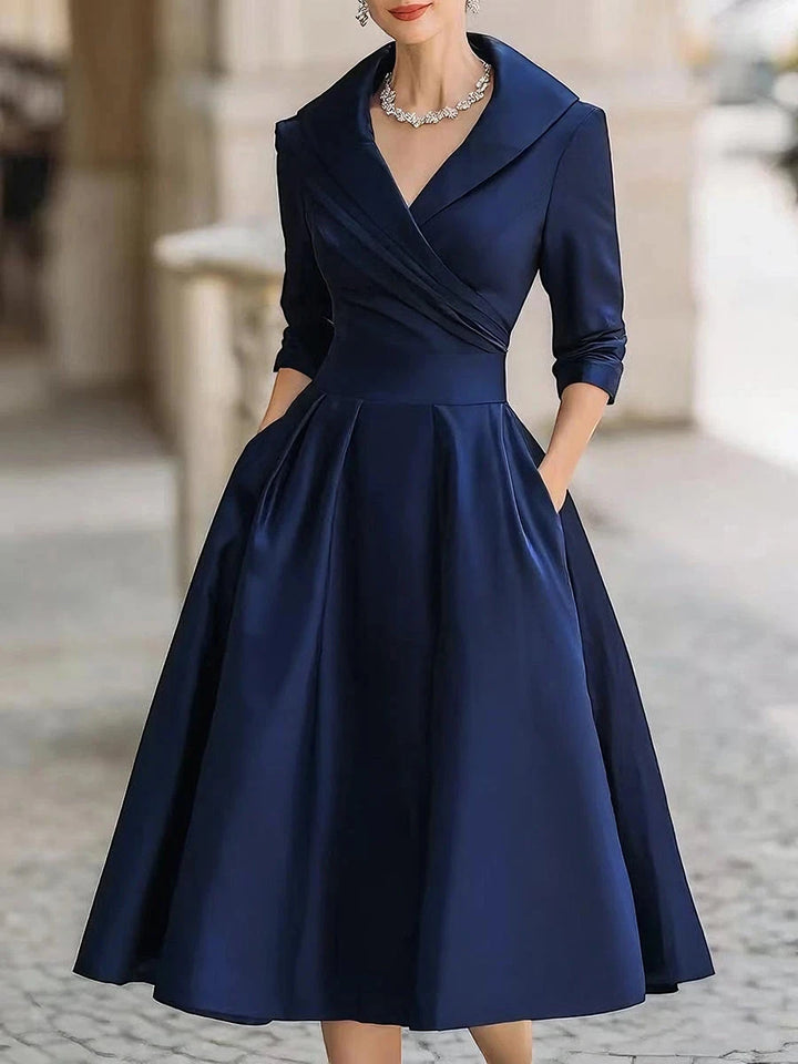 Women's Elegant A-Line Midi Wedding Guest Dress with V-Neck