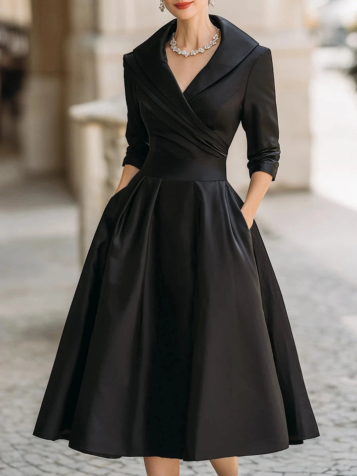 Women's Elegant A-Line Midi Wedding Guest Dress with V-Neck