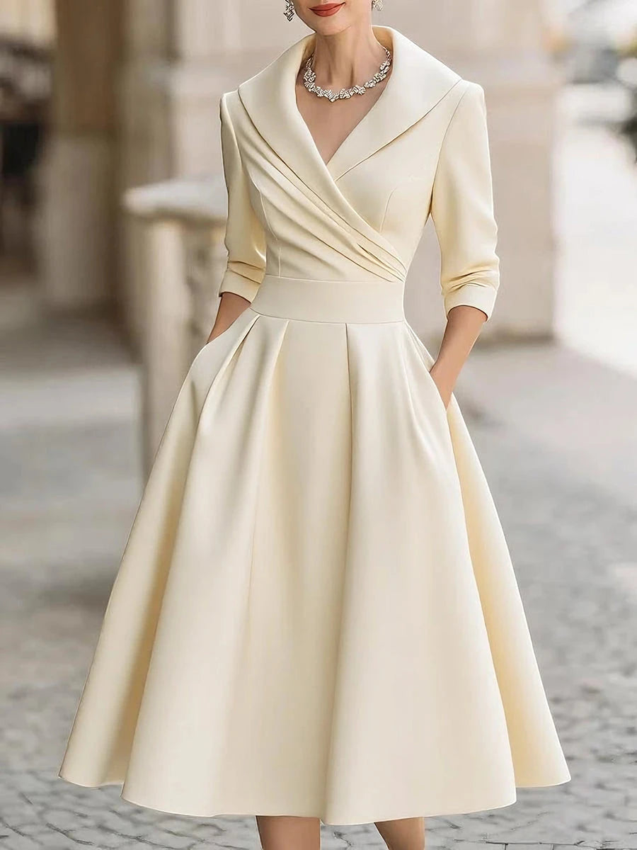 Women's Elegant A-Line Midi Wedding Guest Dress with V-Neck