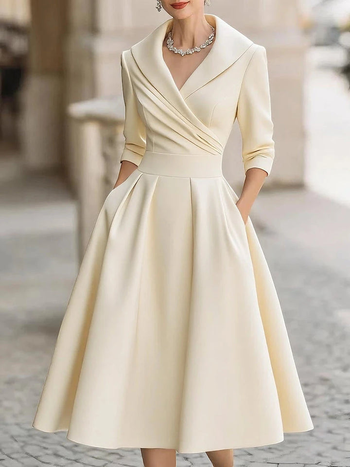 Women's Elegant A-Line Midi Wedding Guest Dress with V-Neck