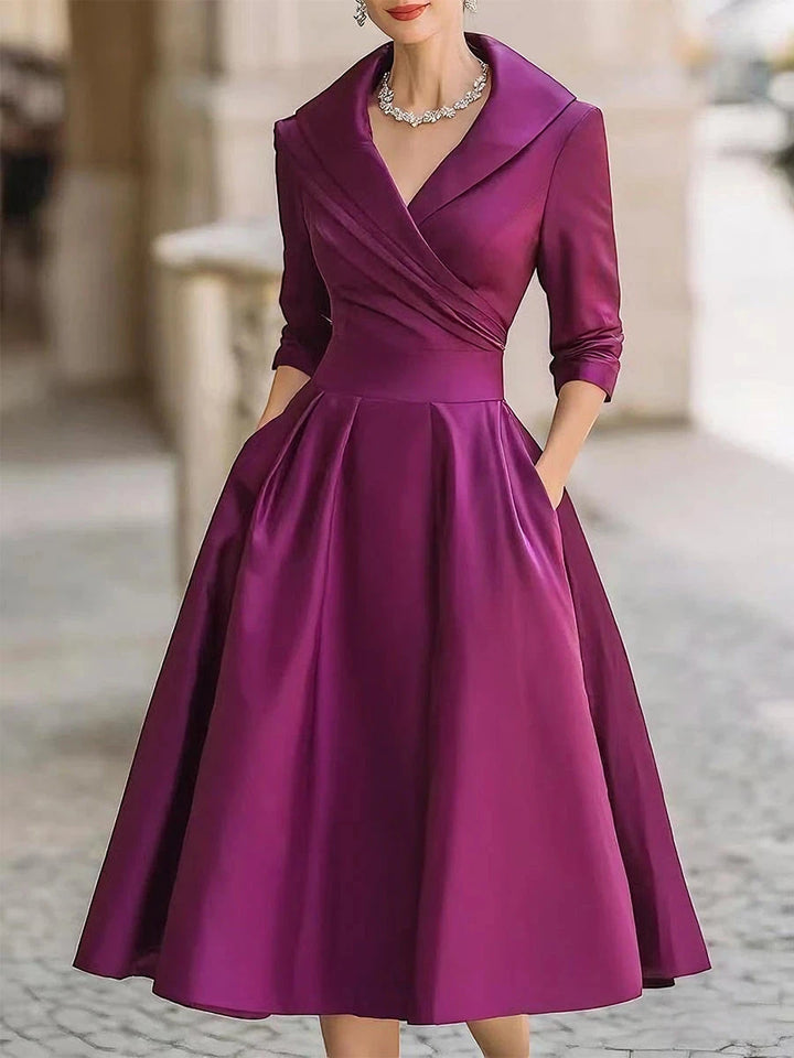 Women's Elegant A-Line Midi Wedding Guest Dress with V-Neck