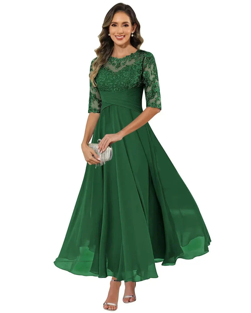 Women's Elegant A-Line Maxi Wedding Guest Dress with Ruched Waist