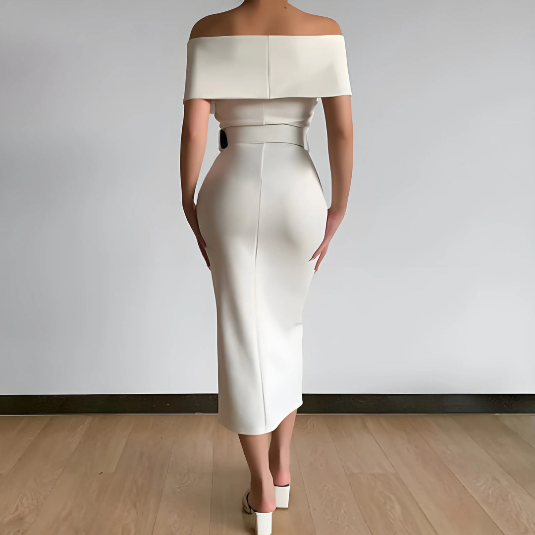 Women's Elegant Bodycon Midi Wedding Guest Dresses with Off the Shoulder Neckline
