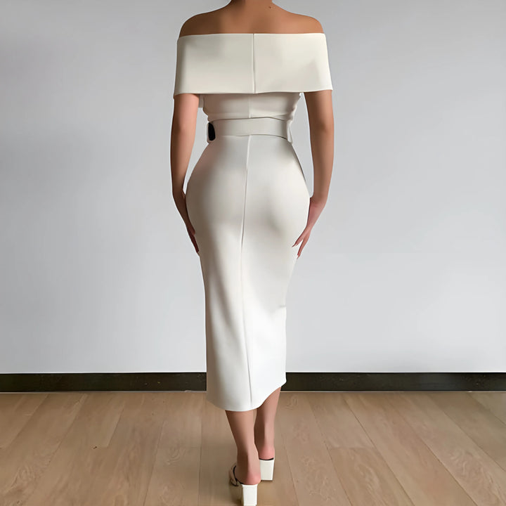 Women's Elegant Bodycon Midi Wedding Guest Dresses with Off the Shoulder Neckline