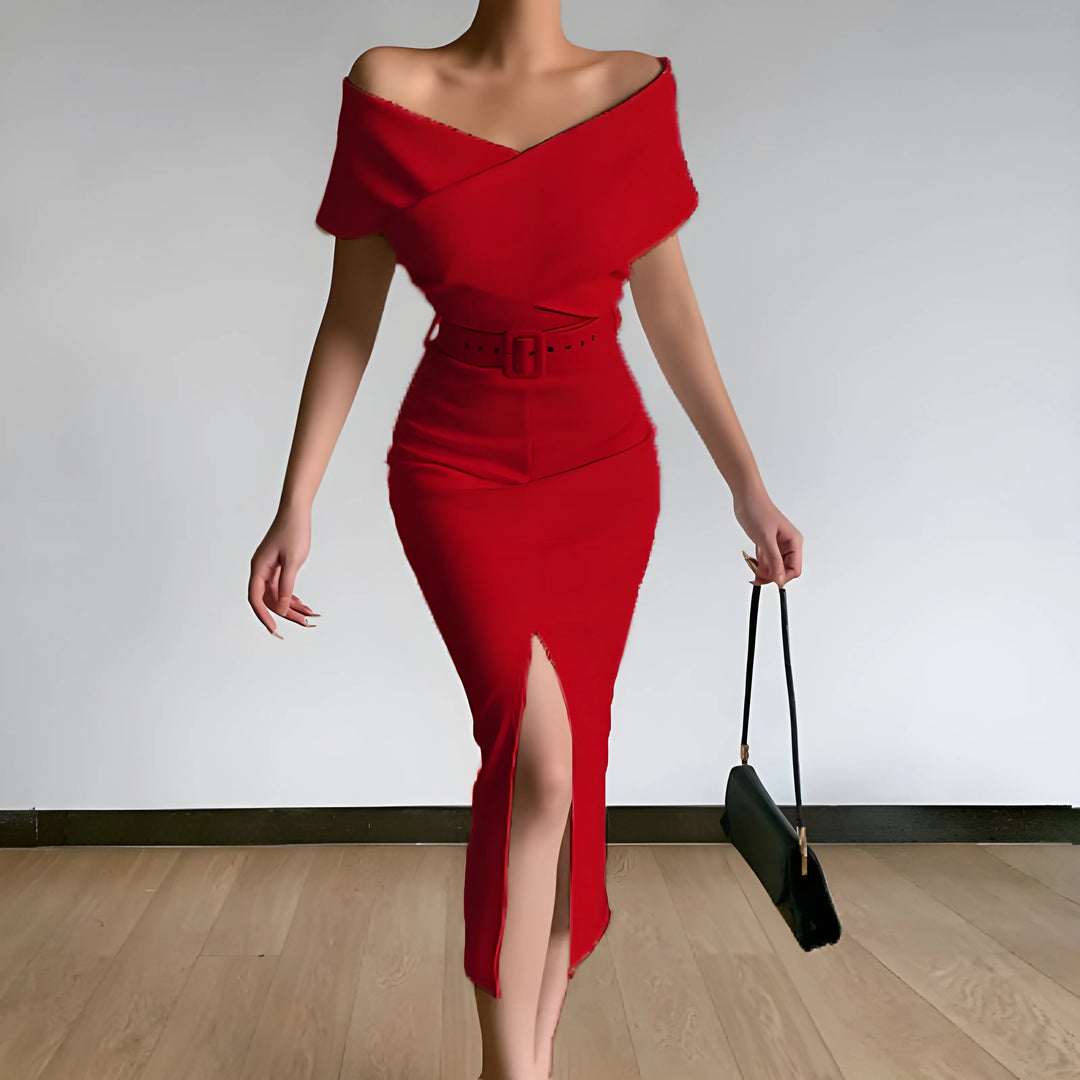Women's Elegant Bodycon Midi Wedding Guest Dresses with Off the Shoulder Neckline