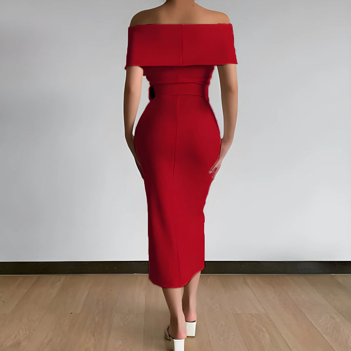 Women's Elegant Bodycon Midi Wedding Guest Dresses with Off the Shoulder Neckline