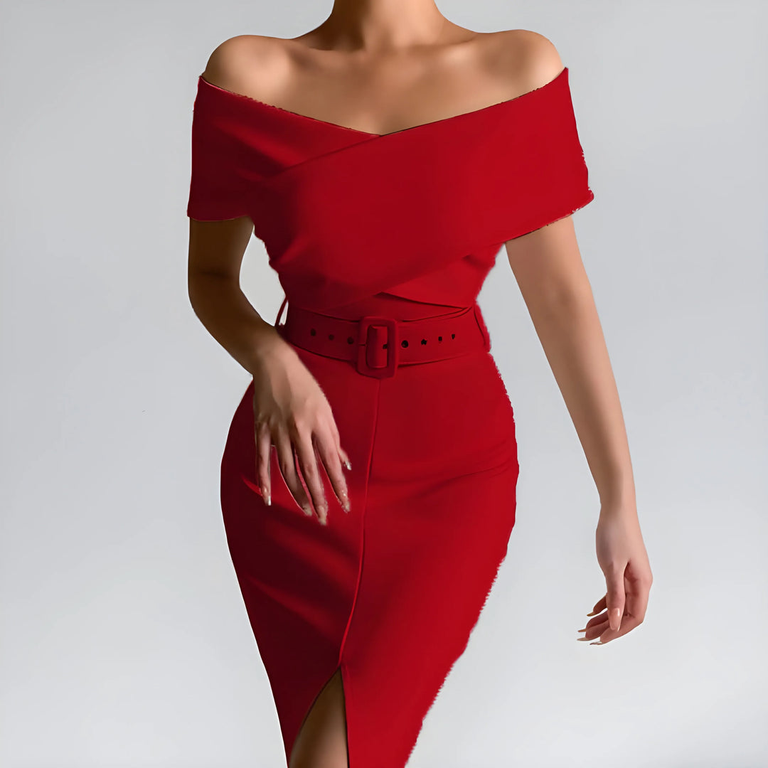 Women's Elegant Bodycon Midi Wedding Guest Dresses with Off the Shoulder Neckline