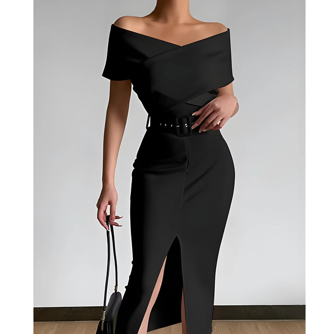 Women's Elegant Bodycon Midi Wedding Guest Dresses with Off the Shoulder Neckline