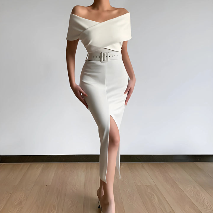 Women's Elegant Bodycon Midi Wedding Guest Dresses with Off the Shoulder Neckline