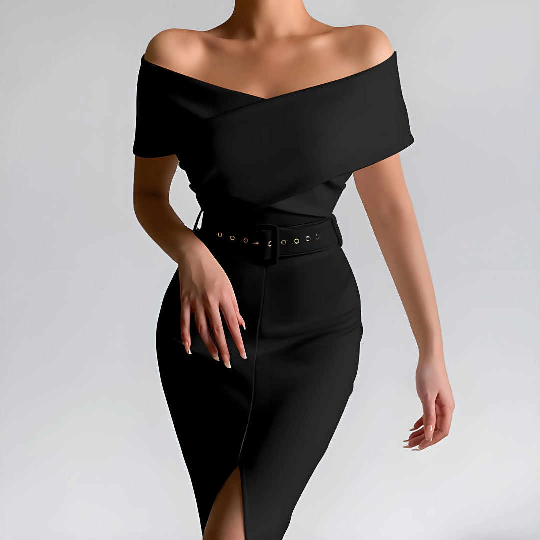 Women's Elegant Bodycon Midi Wedding Guest Dresses with Off the Shoulder Neckline