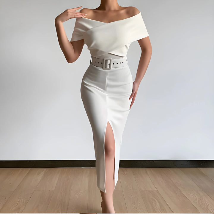 Women's Elegant Bodycon Midi Wedding Guest Dresses with Off the Shoulder Neckline
