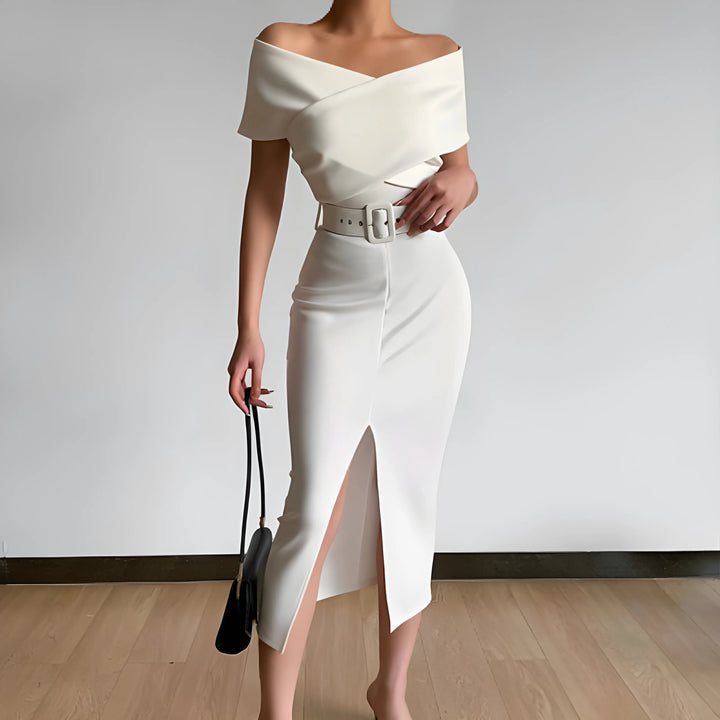 Women's Elegant Bodycon Midi Wedding Guest Dresses with Off the Shoulder Neckline