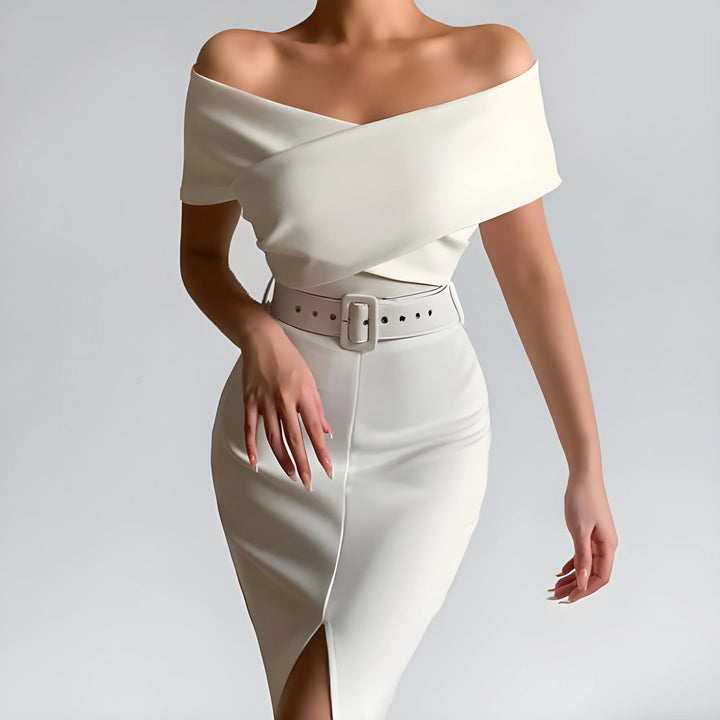 Women's Elegant Bodycon Midi Wedding Guest Dresses with Off the Shoulder Neckline
