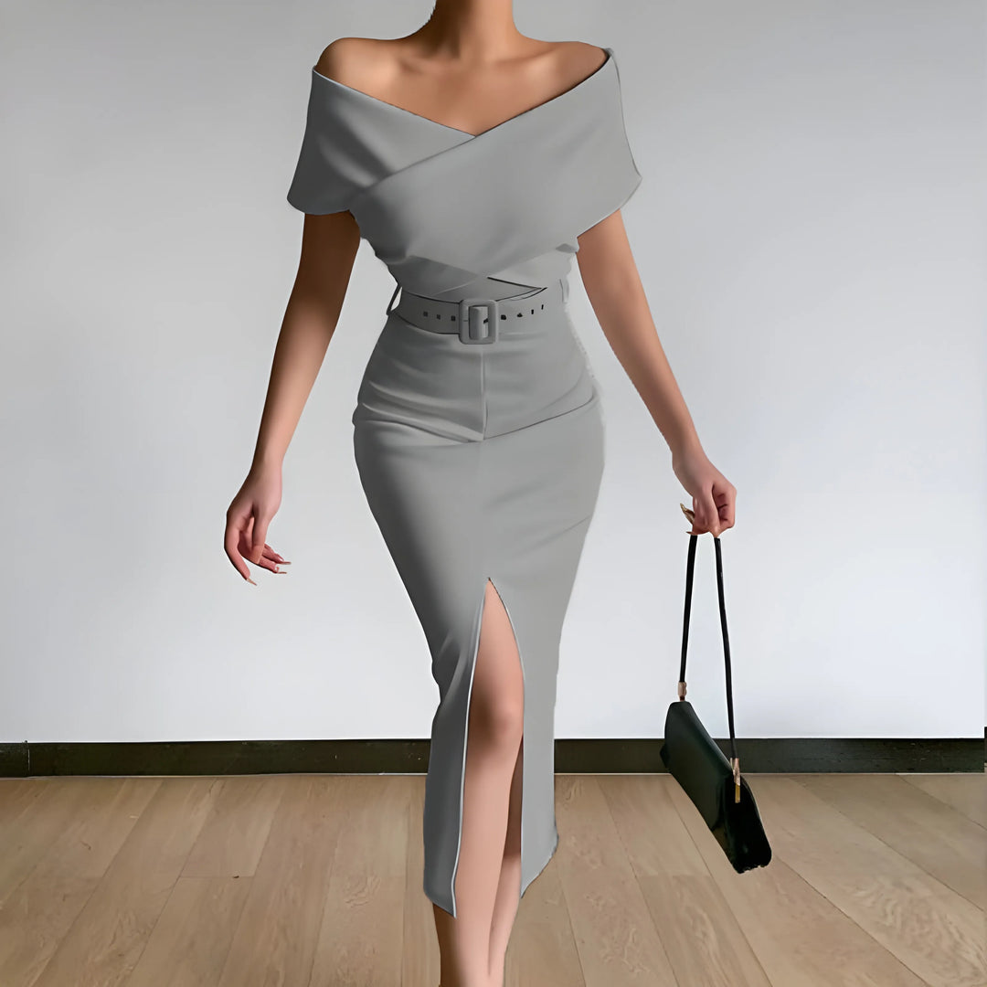 Women's Elegant Bodycon Midi Wedding Guest Dresses with Off the Shoulder Neckline