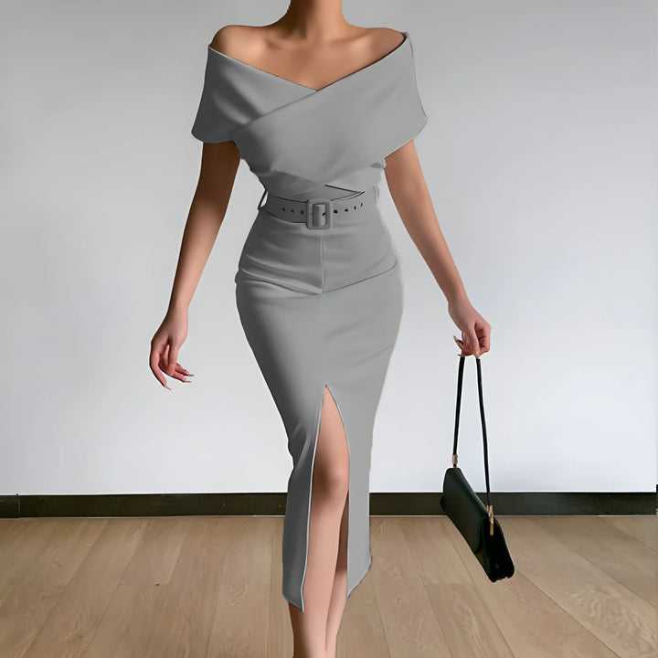Women's Elegant Bodycon Midi Wedding Guest Dresses with Off the Shoulder Neckline