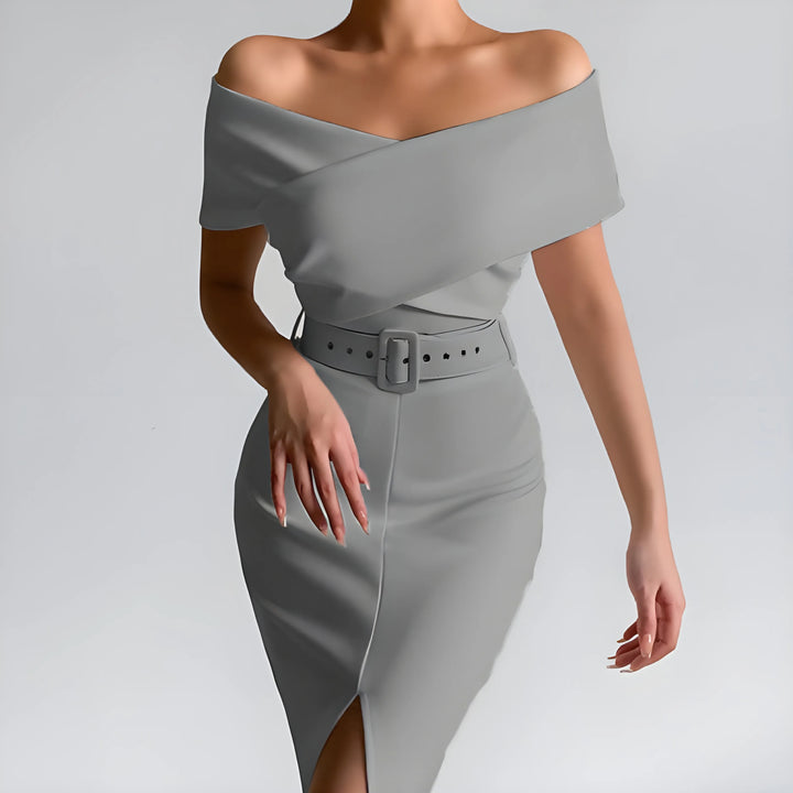 Women's Elegant Bodycon Midi Wedding Guest Dresses with Off the Shoulder Neckline