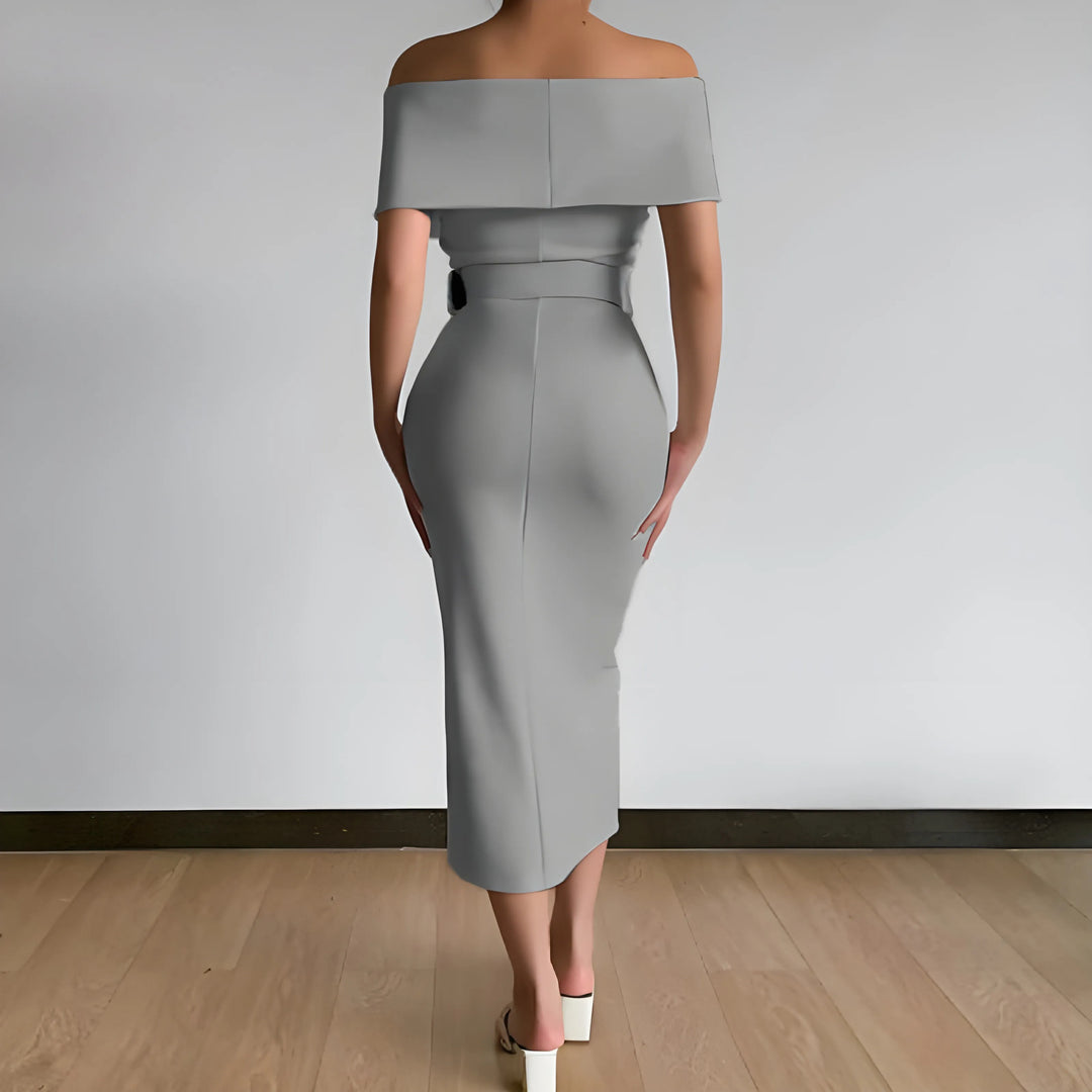 Women's Elegant Bodycon Midi Wedding Guest Dresses with Off the Shoulder Neckline