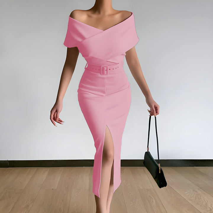 Women's Elegant Bodycon Midi Wedding Guest Dresses with Off the Shoulder Neckline