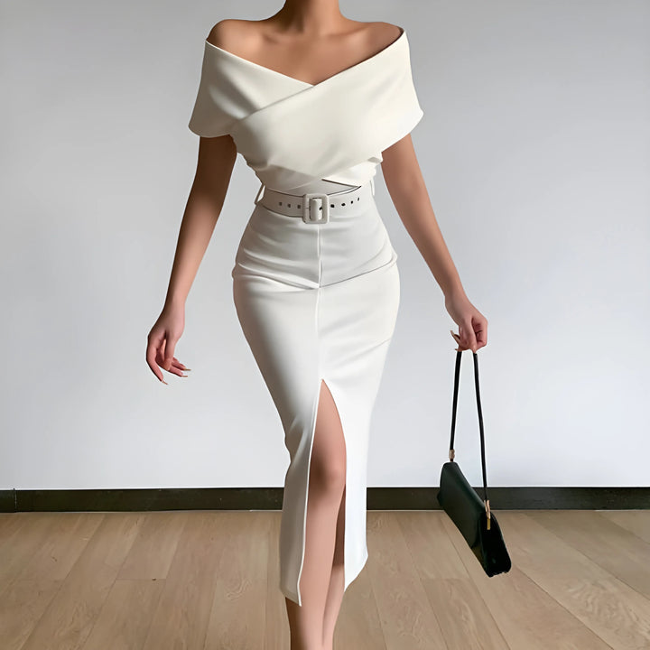 Women's Elegant Bodycon Midi Wedding Guest Dresses with Off the Shoulder Neckline