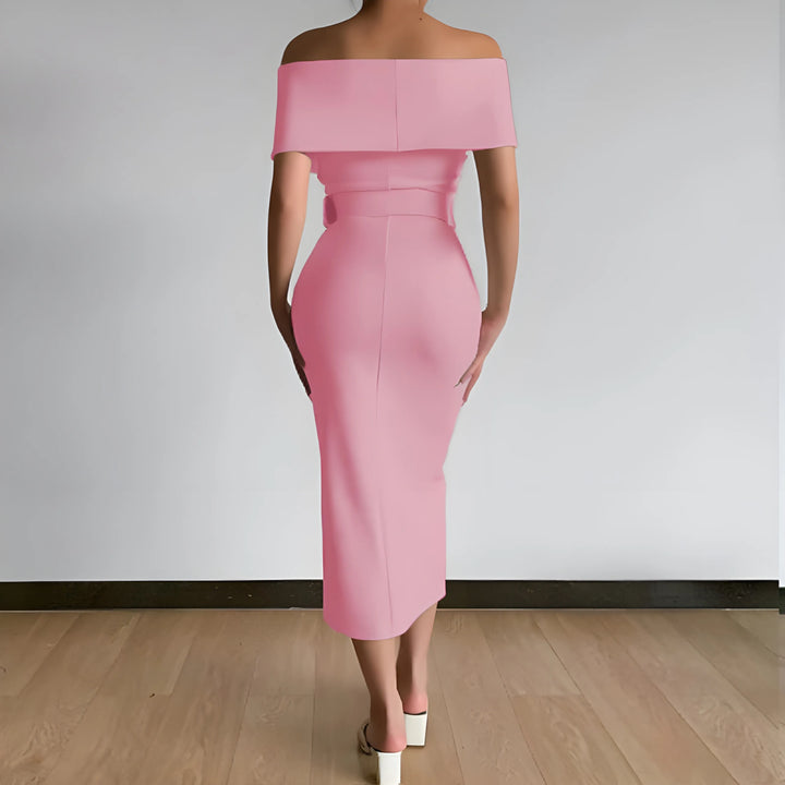 Women's Elegant Bodycon Midi Wedding Guest Dresses with Off the Shoulder Neckline