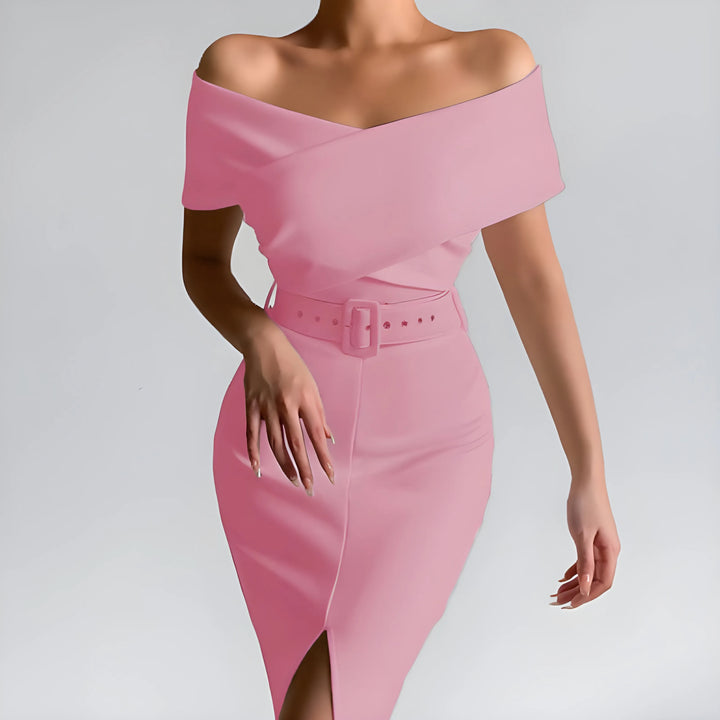 Women's Elegant Bodycon Midi Wedding Guest Dresses with Off the Shoulder Neckline