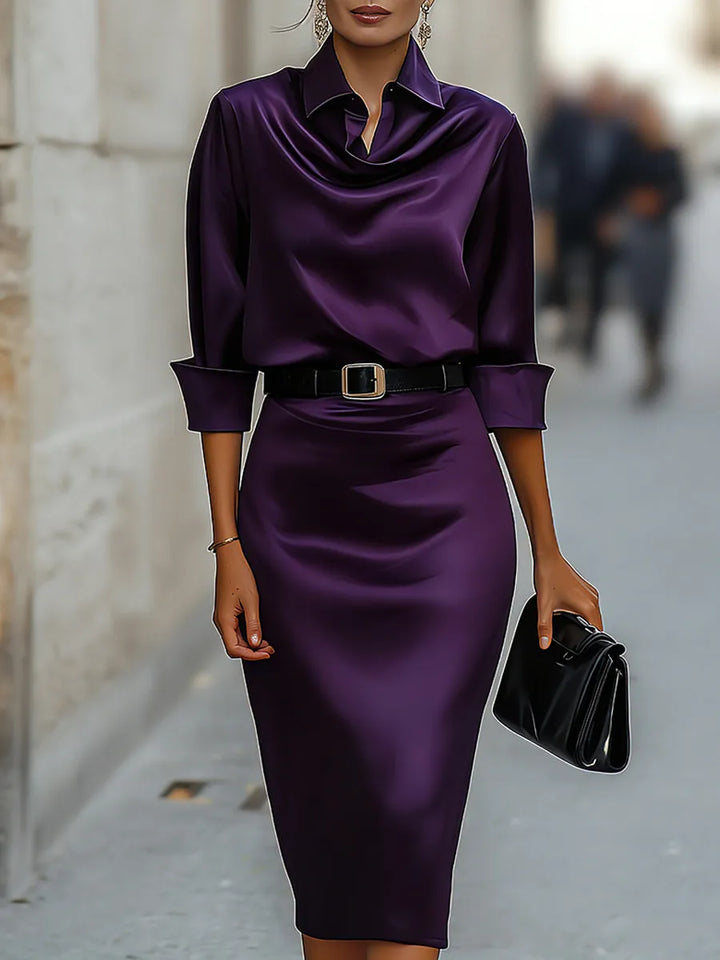 Women's Elegant Bodycon Midi Wedding Guest Dress with Draped Collar