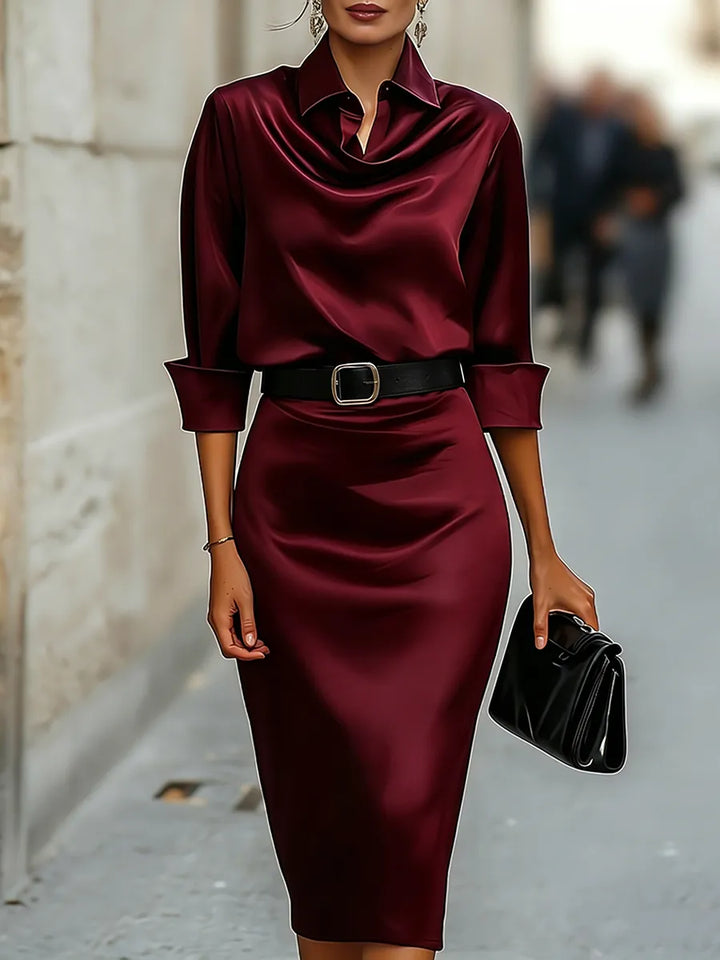 Women's Elegant Bodycon Midi Wedding Guest Dress with Draped Collar