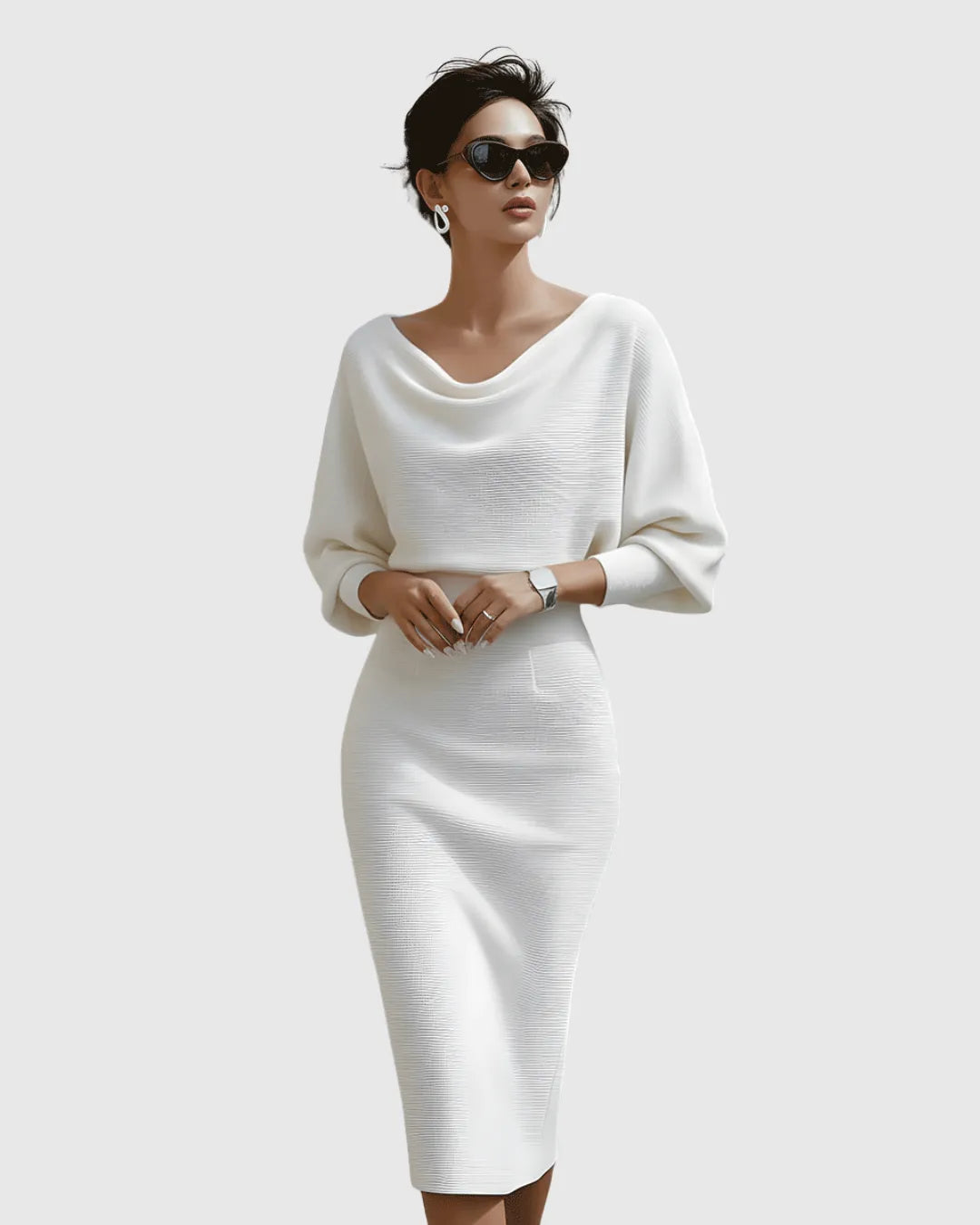 Women's Elegant Navy Bodycon Midi Wedding Guest Dress with Boat Neck