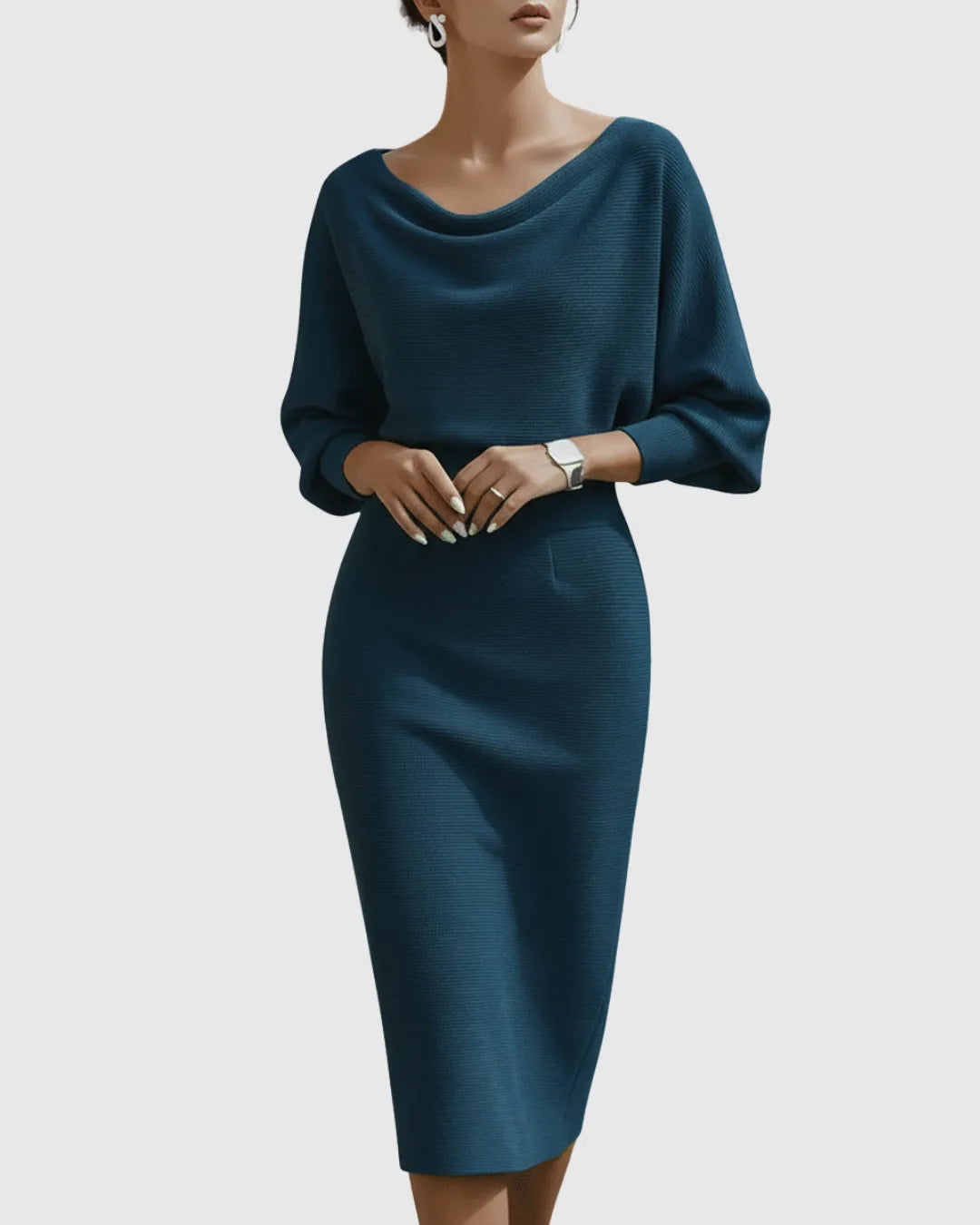 Women's Elegant Navy Bodycon Midi Wedding Guest Dress with Boat Neck