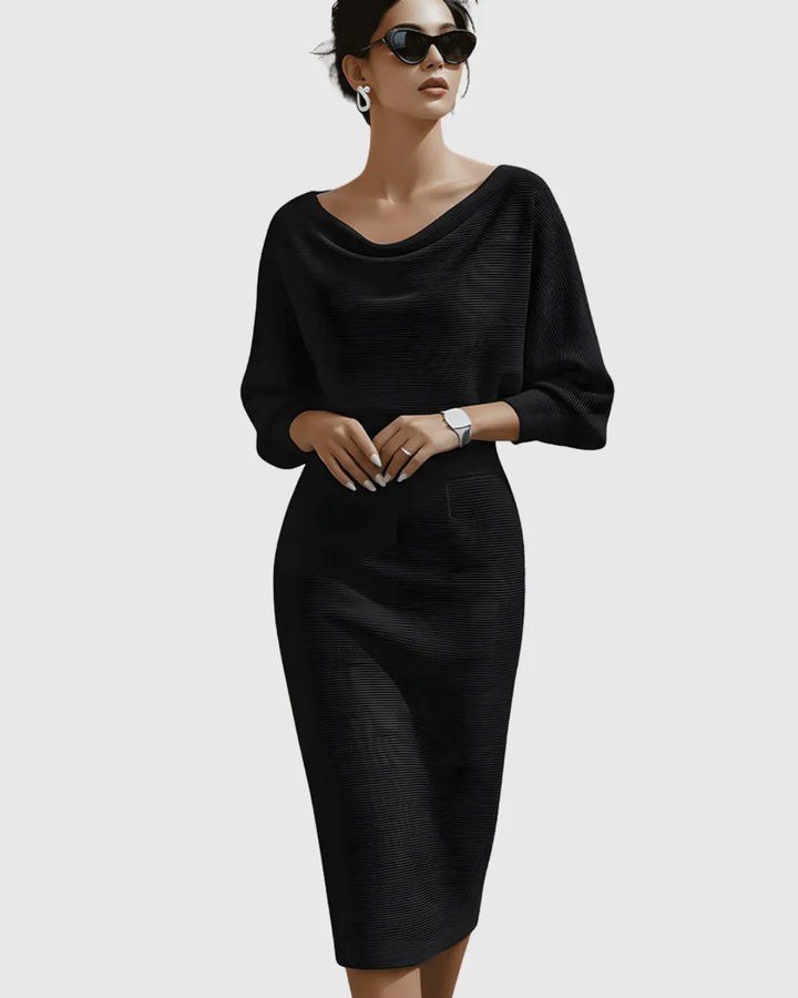 Women's Elegant Navy Bodycon Midi Wedding Guest Dress with Boat Neck