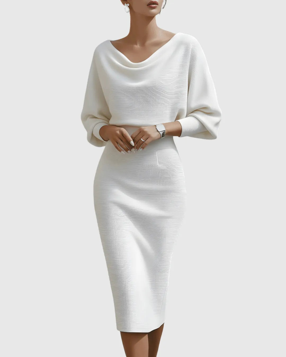 Women's Elegant Navy Bodycon Midi Wedding Guest Dress with Boat Neck