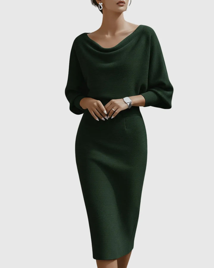 Women's Elegant Navy Bodycon Midi Wedding Guest Dress with Boat Neck
