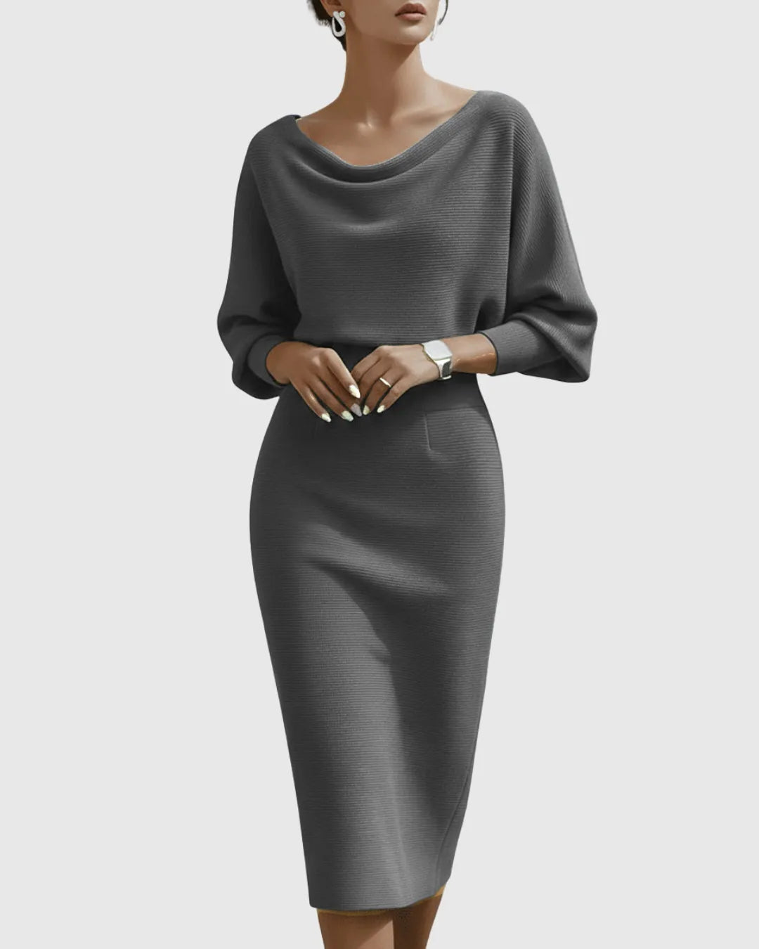 Women's Elegant Navy Bodycon Midi Wedding Guest Dress with Boat Neck
