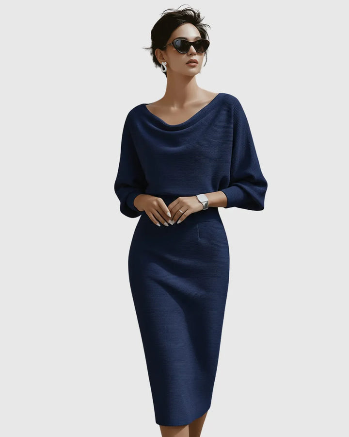 Women's Elegant Navy Bodycon Midi Wedding Guest Dress with Boat Neck
